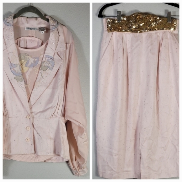 Vintage 70s 80s Western Cowgirl Skirt Set Outfit Size 10 Pink Gold Embroidered - Picture 1 of 16